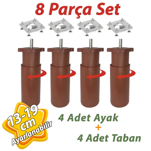 4 Adet Destek Ayağı 13-19 cm Kahverengi ve 4 Adet Metal Düz Ayak Tabanı M8 Civatalı İnce Diş Mobilya Kanepe Baza Koltuk Seti