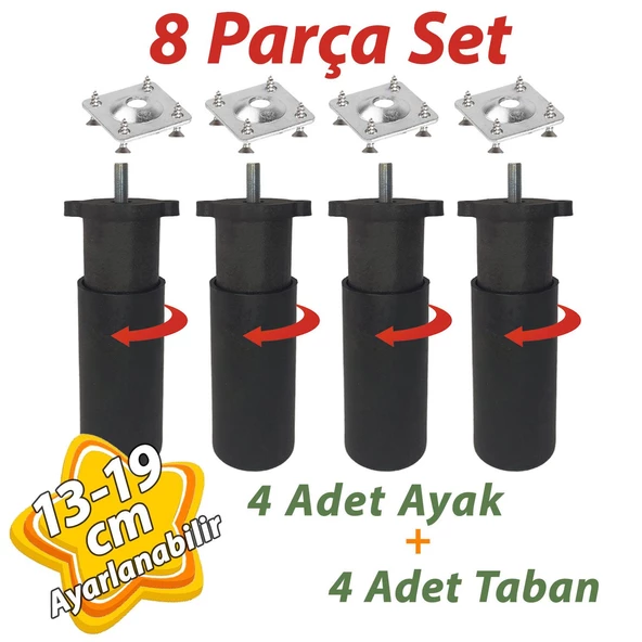 4 Adet Destek Ayağı 13-19 cm Siyah ve 4 Adet Metal Düz Ayak Tabanı M8 Civatalı İnce Diş Mobilya Kanepe Baza Koltuk Seti