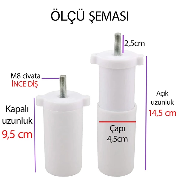 4 Adet Destek Ayağı 9,5-14,5 cm Beyaz  ve 4 Adet Metal Düz Ayak Tabanı M8 Civatalı İnce Diş Mobilya Kanepe Baza Koltuk Seti - Resim 3