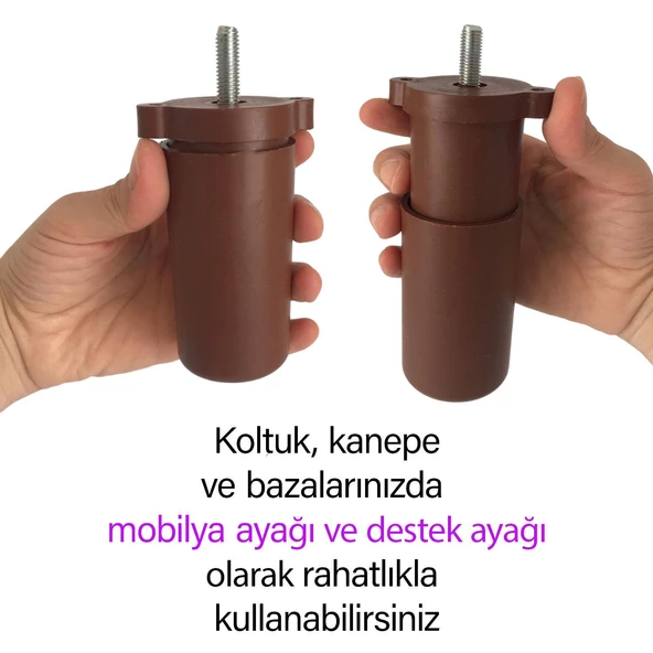 4 Adet Destek Ayağı 9,5-14,5 cm Kahverengi ve 4 Adet Metal Düz Ayak Tabanı M8 Civatalı İnce Diş Mobilya Kanepe Baza Koltuk Seti - 3