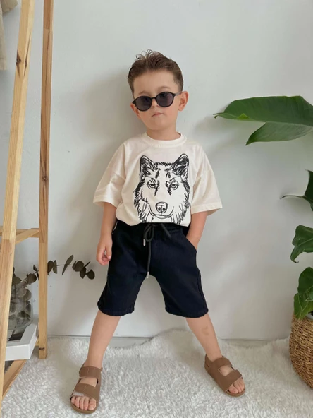 ERKEK ÇOCUK KURT MODELLİ KOT ŞORTLU PAMUK TAKIM - Resim 2