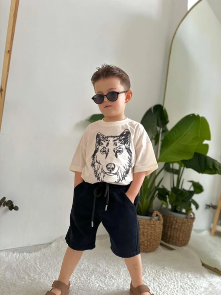 ERKEK ÇOCUK KURT MODELLİ KOT ŞORTLU PAMUK TAKIM - Resim 4