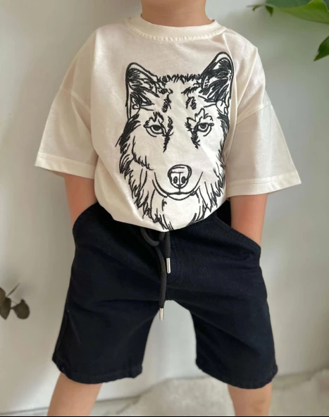 ERKEK ÇOCUK KURT MODELLİ KOT ŞORTLU PAMUK TAKIM - Resim 3