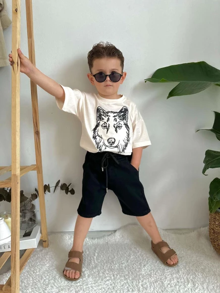ERKEK ÇOCUK KURT MODELLİ KOT ŞORTLU PAMUK TAKIM