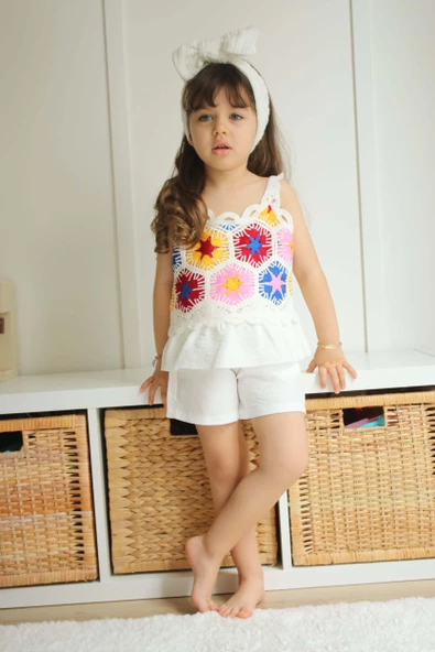 KIZ ÇOCUK DANTEL MODELLİ ŞORTLU PAMUK TAKIM - Resim 6