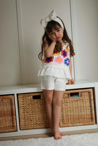 KIZ ÇOCUK DANTEL MODELLİ ŞORTLU PAMUK TAKIM - Resim 5