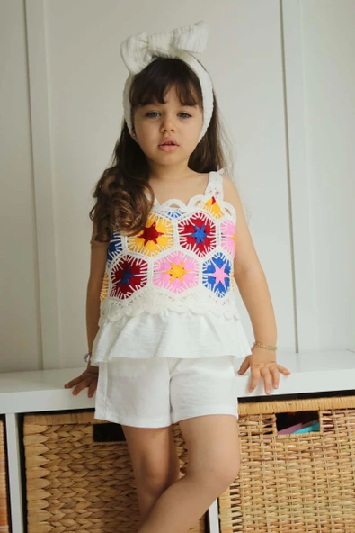 KIZ ÇOCUK DANTEL MODELLİ ŞORTLU PAMUK TAKIM - Resim 7