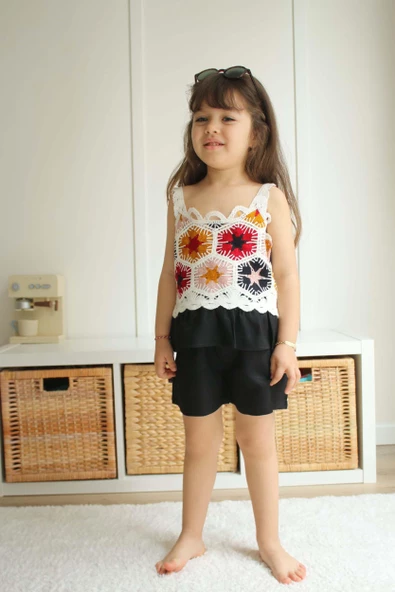 KIZ ÇOCUK DANTEL MODELLİ ŞORTLU PAMUK TAKIM - Resim 2