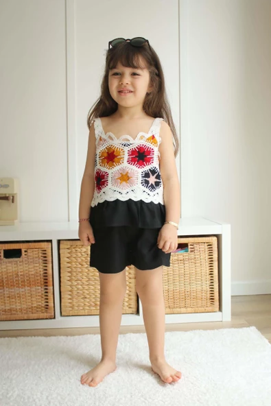 KIZ ÇOCUK DANTEL MODELLİ ŞORTLU PAMUK TAKIM - Resim 3