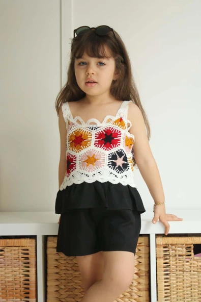 KIZ ÇOCUK DANTEL MODELLİ ŞORTLU PAMUK TAKIM - Resim 4