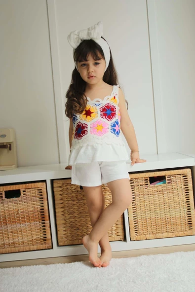 KIZ ÇOCUK DANTEL MODELLİ ŞORTLU PAMUK TAKIM - Resim 8