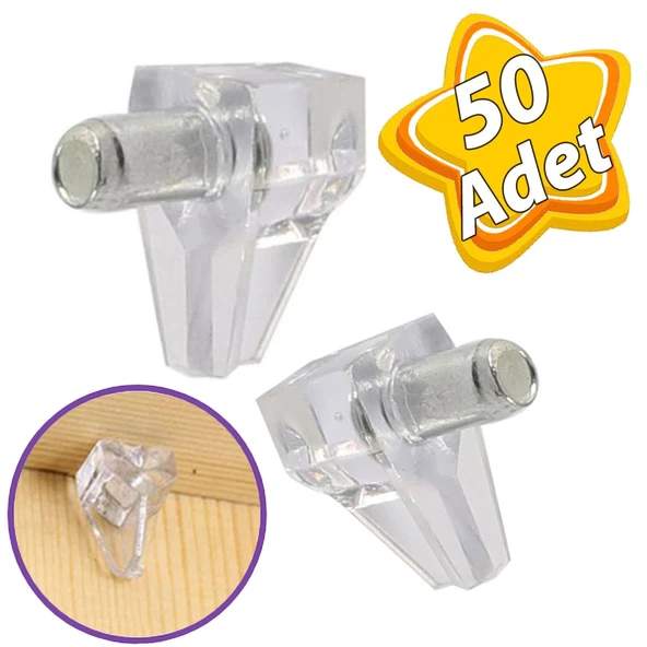 Kristal Raf Pimi Şeffaf Cam Ahşap Metal Raf Tutucu Çivisi Mobilya Dolap Pimi (50 Adet)