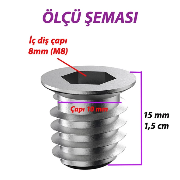 Metal Düz Dişli Dübel Ahşap Dübeli M8 10x15 Diş Çinko Mobilya Bağlantı Ünite Birleştirme (25 ADET) - 2