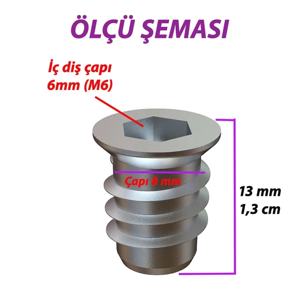 Metal Düz Dişli Dübel Ahşap Dübeli M6 8x13 Diş Çinko Mobilya Bağlantı Ünite Birleştirme (25 ADET) - 2