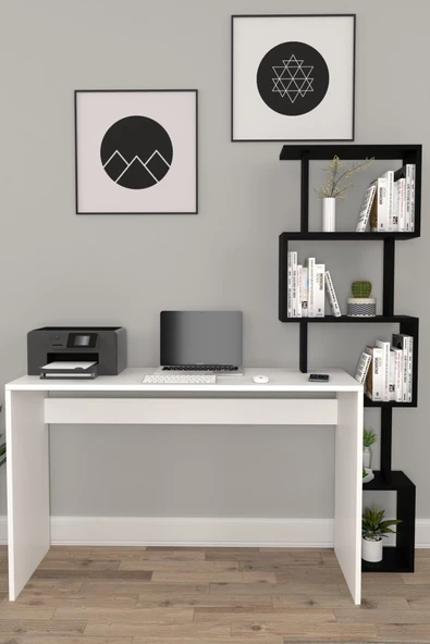 Moonlife Pratik Kitaplıklı Çalışma Masası Beyaz Siyah 120x50 - Resim 2