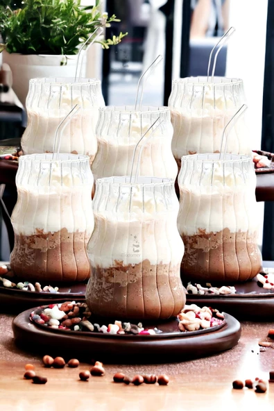 6'lı Sukabağı Latte Cam Pipetli Bardak Seti İskandinav Burgu Tarz Kahve Kokteyl Sunum Bardağı 400ml