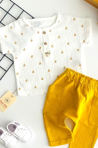 Neşeli Bebekler Müslin Kumaş Kısa Kollu Tişört Pantolon Takım Sarı - 2