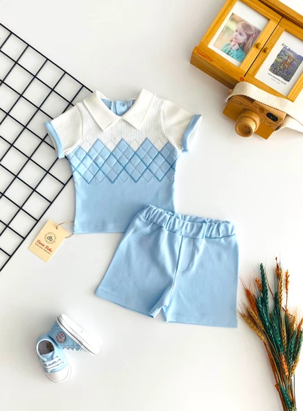 Neşeli Bebekler Waffle İki İplik Kumaş Sırt Çıtçıtlı Baklava Desen Erkek Bebe Şort Takım - Resim 3