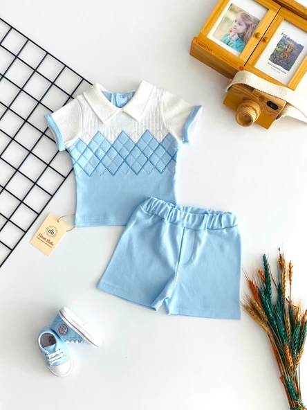 Neşeli Bebekler Waffle İki İplik Kumaş Sırt Çıtçıtlı Baklava Desen Erkek Bebe Şort Takım ürün görseli