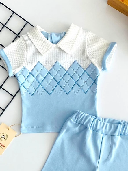 Neşeli Bebekler Waffle İki İplik Kumaş Sırt Çıtçıtlı Baklava Desen Erkek Bebe Şort Takım - Resim 2