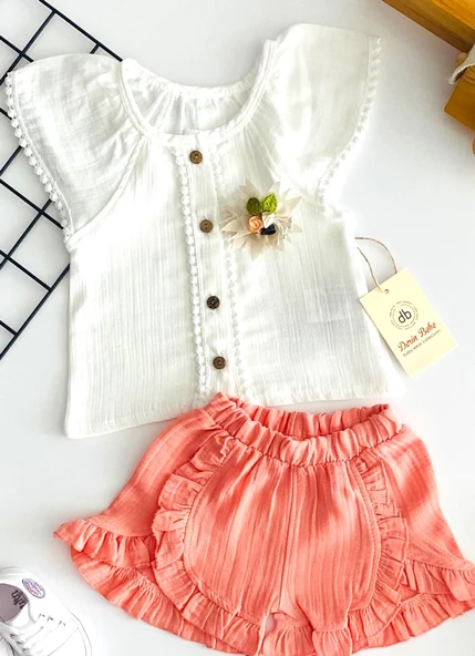Neşeli Bebekler Bronşlu Reglan Kol Fistolu Müslin Kumaş Badili Fırfırlı Şort Takım Pembe - 2