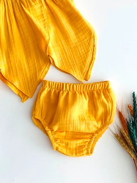 Neşeli Bebekler Kilotlu Nakışlı Desen Peri Elbise Sarı - 3