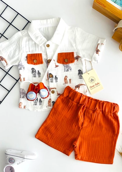 Neşeli Bebekler Safari Baskılı Ouncak Dürbünlü Gömlek Şort Takım Kiremit - 2