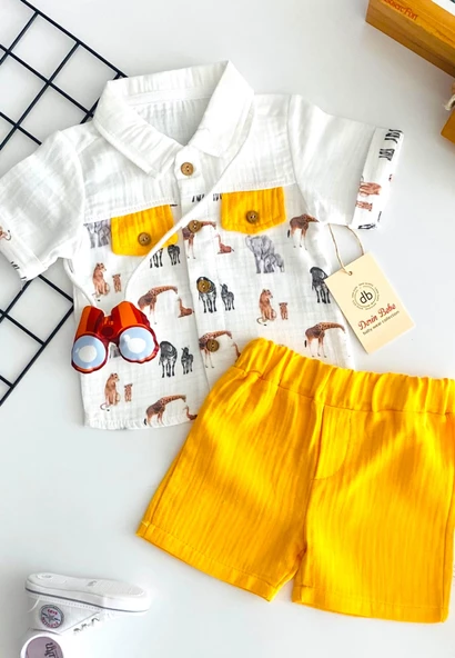 Neşeli Bebekler Safari Baskılı Ouncak Dürbünlü Gömlek Şort Takım Sarı - 2