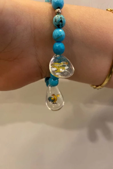 Doğal Taş Bileklik Hand Made El İşi Feng Shui Ejderha Yılı Koruyucu Hayvan Horoz Ve Ejderha Objeli Ve Doğal Turkuaz Taşl - 6