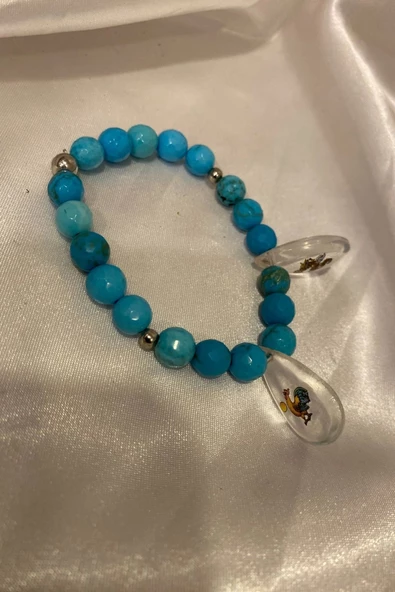 Doğal Taş Bileklik Hand Made El İşi Feng Shui Ejderha Yılı Koruyucu Hayvan Horoz Ve Ejderha Objeli Ve Doğal Turkuaz Taşl - 7