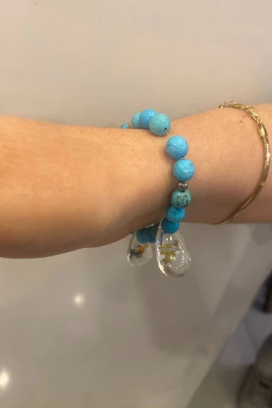 Doğal Taş Bileklik Hand Made El İşi Feng Shui Ejderha Yılı Koruyucu Hayvan Horoz Ve Ejderha Objeli Ve Doğal Turkuaz Taşl - 3