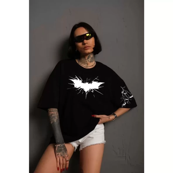 Lucky Life Unisex  Ön Ve Kol Baskılı Oversize T-shirt - Siyah