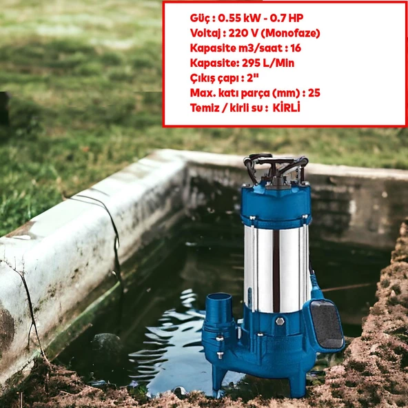 Kirli Su Pompası 0.55 kW Alüminyum Gövdeli Dalgıç Tip Rainpump 0.7 HP Monofaze Atık Su Logar Lağım - 5