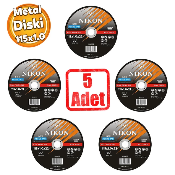 Nikon Metal Çelik Demir Kesici Taş Disk Taşlama Spiral Demir Kesme Diski 115x1.0x22 Mm (5 ADET)