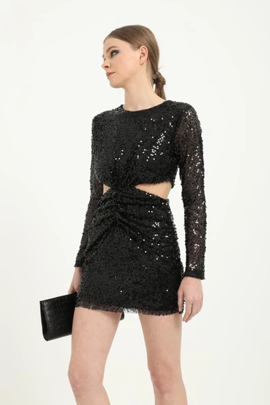 Siyah Cut Out Pul Payet Kadın Mini Elbise - 4