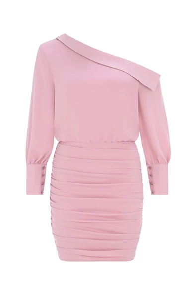 Pembe Tek Omuz Kadın  Etegi Drapeli Mini Elbise - 12