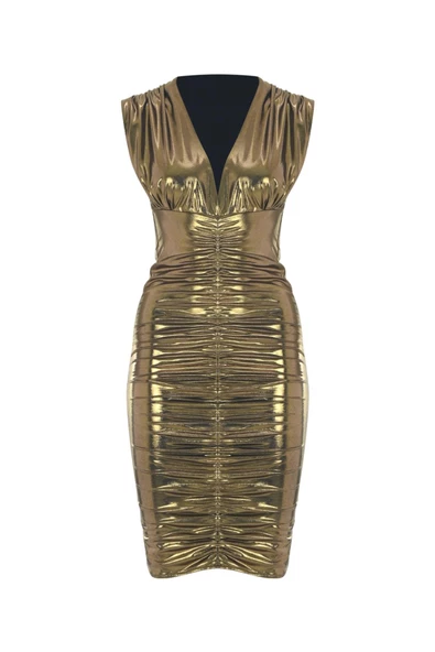 Metalik Gold Drapeli V Yaka Kadın Midi Boy Elbise - 6