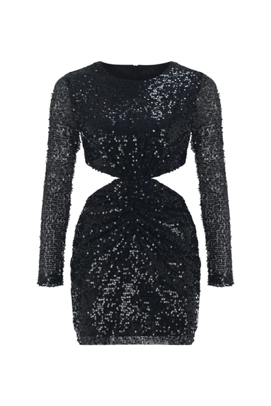 Siyah Cut Out Pul Payet Kadın Mini Elbise - 6