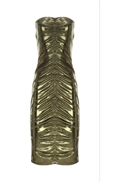Gold Drapeli Straplez Kadın Mini Elbise - 2