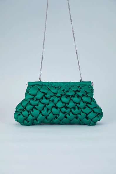 Yeşil Kapitone Saten Kadın Clutch Çanta - 4