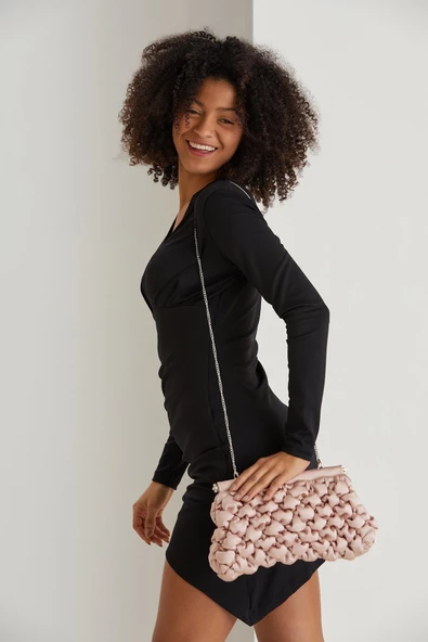 Pudra Kapitone Saten Kadın Clutch Çanta - 2