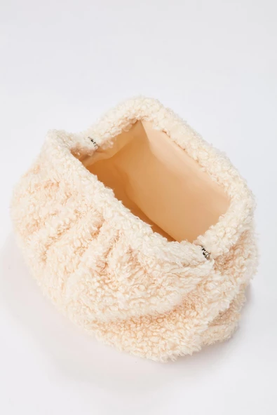 Krem Peluş Kumaş Kadın Omuz Çantası - 3