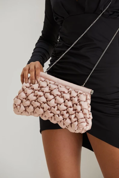 Pudra Kapitone Saten Kadın Clutch Çanta - 3