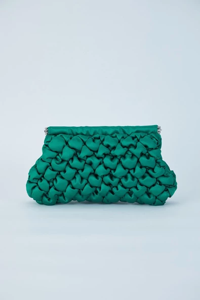 Yeşil Kapitone Saten Kadın Clutch Çanta