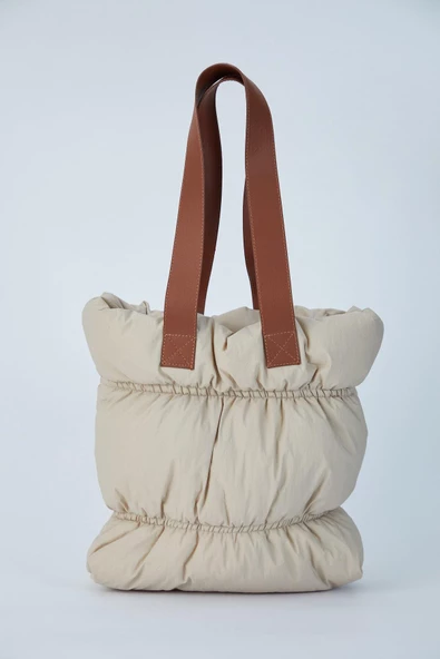 Krem Krinkıl Kumaş Tote Kadın Omuz Çantası - 3