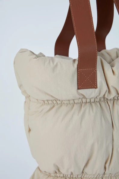 Krem Krinkıl Kumaş Tote Kadın Omuz Çantası - 5