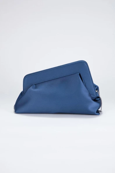 Mavi Asimetrik Çapraz Zincirli Saten Kadın  Clutch - 2
