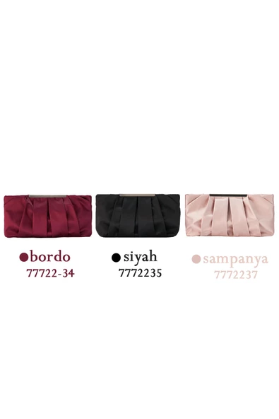 Bordo Zincir Askılı Pileli Saten Kadın Clutch - 8