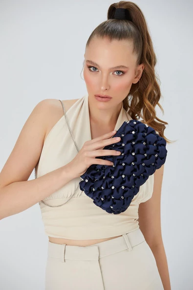 Gümüş Zincirli Lacivert Saten Taşlı Kadın Clutch - 3