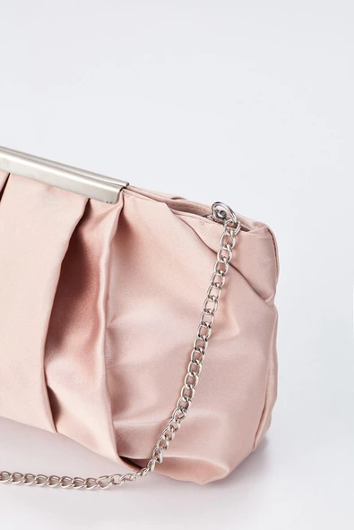 Şampanya Rengi Zincir Askılı Pileli Saten Kadın Clutch - 4